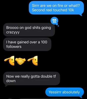 Client message: second reel touched 10k, gained over 100 followers